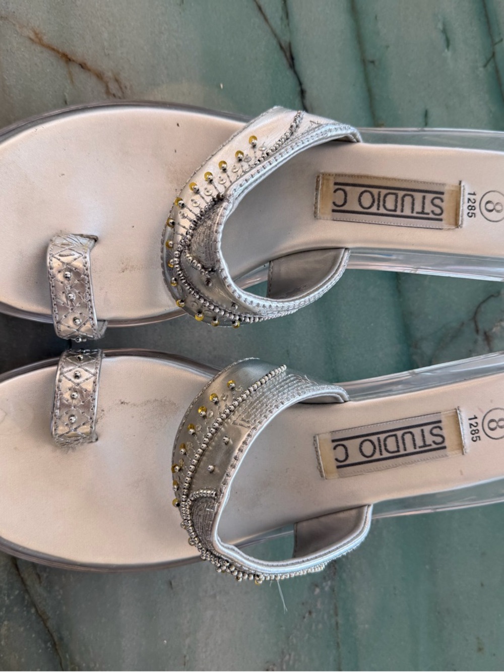 Studio C Silver Beaded Toe-Ring heels with clear heel